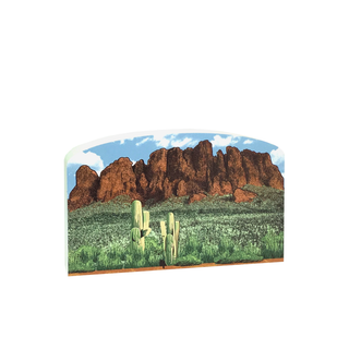 3/4" thick wooden Desert landscape with cacti and mountains on a white background