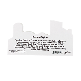 3/4" thick wooden replica of the Boston skyline with text on a white background