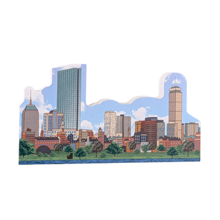 3/4" thick wooden  Boston City skyline cutout with buildings and greenery on a white background