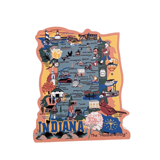 3/4" thick wooden Map of Indiana with various icons and landmarks on a white background