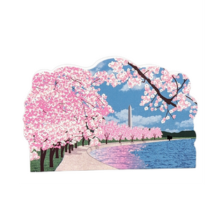 3/4" thick wooden illustration of cherry blossom trees and the Washington Monument with a lake