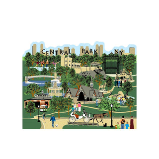 3/4" thick wooden cutout  of Central Park, NY with people, animals, and buildings.