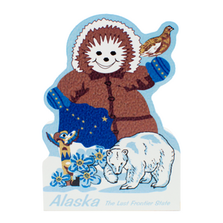 3/4" thick wooden snowman in an Alaskan outfit with a dog, bird, and polar bear, featuring the Alaska state flag.