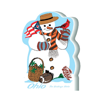3/4" thick wooden cutout  with a snowman holding an American flag and a cardinal, featuring the word 'Ohio'.