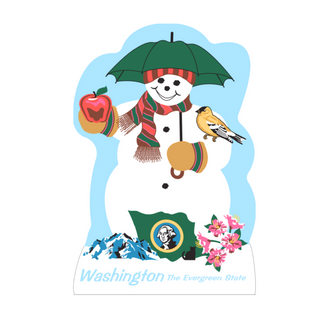 3/4" thick wooden cutout of a Snowman with umbrella, apple, and bird holding a flag with 'Washington' text on a blue background