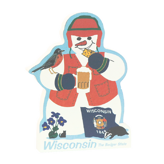 3/4" thick wooden cutout of a Snowman with a beer mug, robin, and Wisconsin flag on a white background