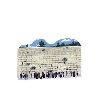 3/4" thick wooden replica with an Illustration of the Western Wall with people praying, trees, and mountains in the background.