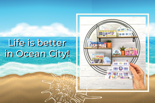 Promotional graphic for Ocean City with a beach scene and a store display.