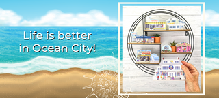 Promotional banner for Ocean City with a beach scene and product display.