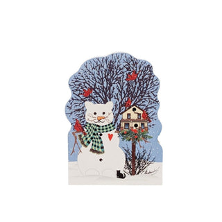 3/4" thick wooden replica with an illustration of a winter scene featuring a cat, birds, and a house.