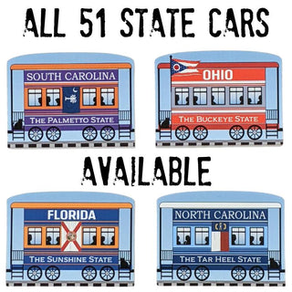 Four 3/4" Wooden replica with train car models representing different states with state names and nicknames.