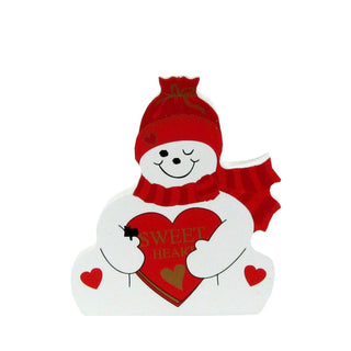 3/4" thick wooden replica with an Illustration of a snowman wearing a red knit hat and red scarf, holding a red heart that says "SWEET HEART" with a gold heart inside. The snowman has a smiling face and small red hearts on its arms, shown on a plain white background.