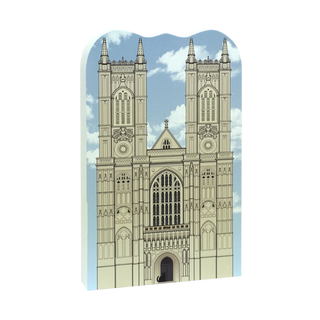 3/4" thick wooden Illustration of a cathedral with two tall towers against a blue sky with clouds.